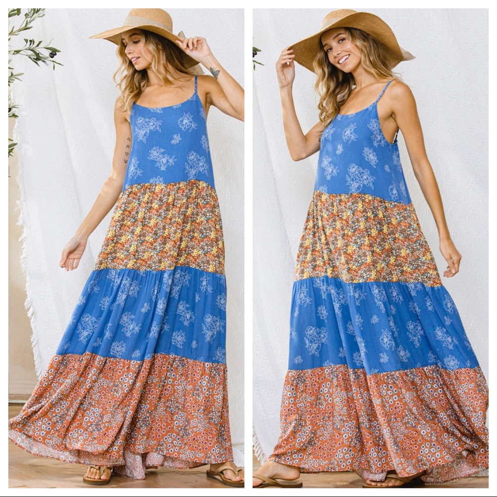 16 Boho Fabulous Floral Color Block Tiered Maxi dress - Picture 4 of 4